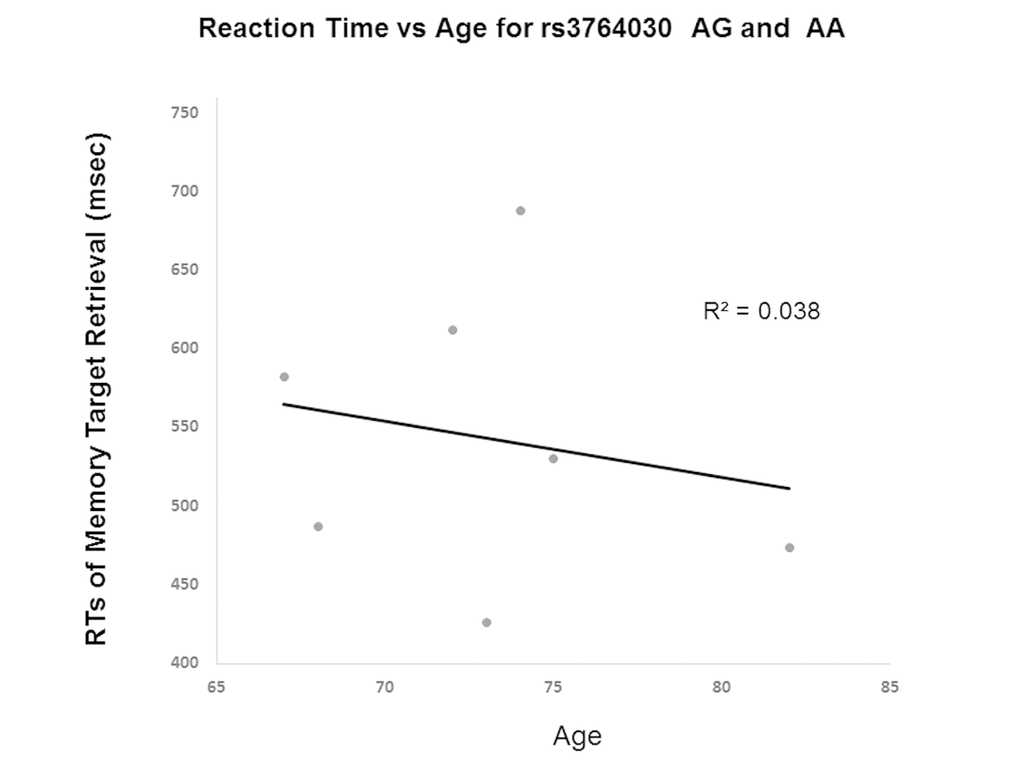 Reaction time in Experiment 2 participants with increasing age based on A allele carrier status (AA and AG genotypes). A significant difference in the slopes of the regression lines was observed for A allele carriers (-3.58 ± SE 0.21) versus the GG genotype (13.1 ± SE 0.20) (p 