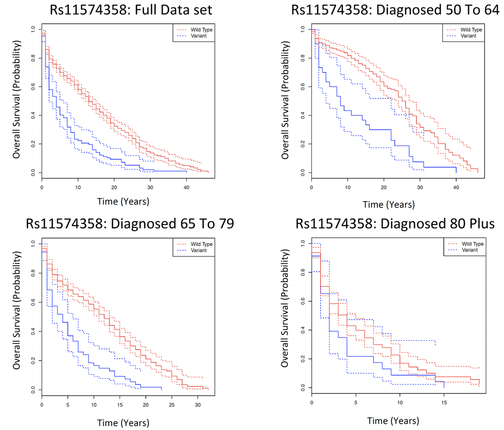 Kaplan Meier survival estimates of overall cancer survival for rs11574358 among the Framingham Heart Study according to a dominant genotype model for different age categories, in which the wild type is the dominant homozygote, and the variant is the heterozygote and the minor homozygote. The full data set indicates all individuals diagnosed with cancer over the age of 50; and subsequently each age category is the individuals diagnosed with cancer in that particular age category. Solid lines indicate survival curve, dashed line indicates 95% confidence interval.
