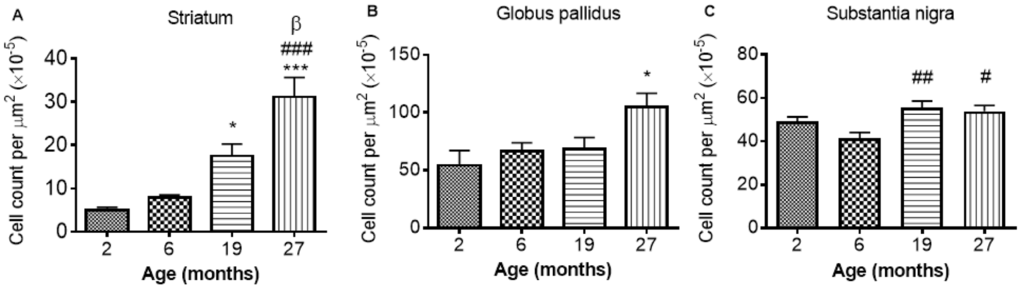 GFAP cell count per μm2 increases with age in the (A) striatum (B) globus pallidus and (C) substantia nigra. Significance level at *, P P P P P P 