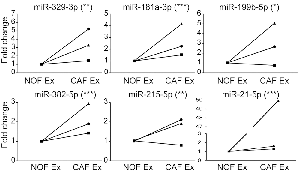 qPCR validation confirms signature of 6 miRNAs more abundant in CAF than NOF exosomes. Taqman qPCR results presented as relative fold changes between NOF and CAF exosomal miRNA for each NOF-CAF exosome pair. NOF exosome miRNA level was assigned the value 1 for each NOF-CAF exosome pair (n=3), each of which were analyzed in triplicate. Data is presented as mean +/- SEM. Student’s t-test: * p