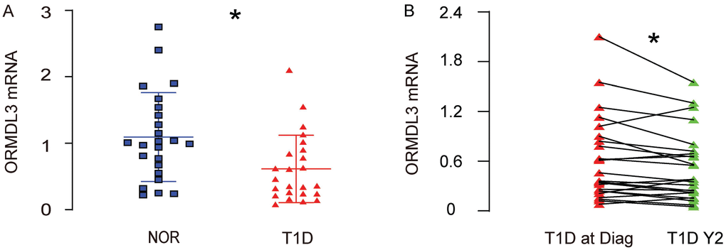 ORMDL3 mRNA decreases in leukocytes of peripheral blood specimens from T1D children. (A) RT-qPCR for ORMDL3 in leukocytes of peripheral blood specimens from 24 T1D children and 24 normal children (NOR). (B) RT-qPCR for ORMDL3 in leukocytes of peripheral blood specimens from 24 T1D children, at time of diagnosis (T1D at Diag) and 2 years after diagnosis (T1D Y2). *p