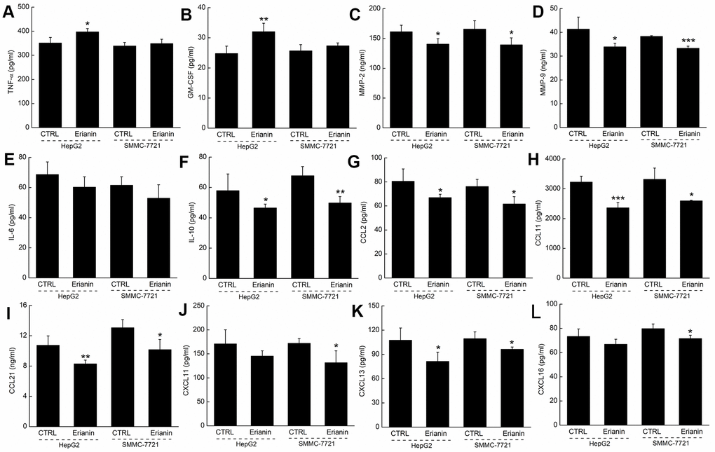 Effects of erianin on the immune factors of serum in tumor- xenografted mice. Compared with control mice, erianin enhanced the serum levels of (A) TNF-α and (B) GM-CSF, and reduced the serum levels of (C) MMP-2, (D) MMP-9, (F) IL-10, (G) CCL2, (H) CCL11, (I) CCL21, (J) CXCL11, (K) CXCL13 and (L) CXCL16, but failed to influence the levels of (E) IL-6. Data are represented as means ±SD (n = 6), relative to the control group: *P P P 