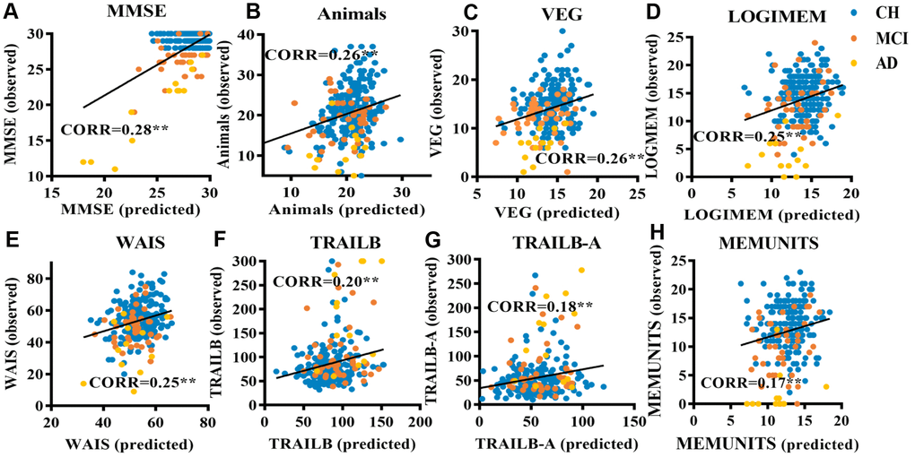Scatter plots relating cognitive performance predicted using a RVR model based on lesion probability maps of WMLs to observed performance in elderly individuals. (A) RVR-MMSE; (B) RVR-ANIMALS; (C) RVR-VEG; (D) RVR-LOGIMEM; (E) RVR-WAIS; (F) RVR-TRAILB; (G) RVR-TRAIL B-A; (H) RVR-MEMUNITS. Scores of participants with cognitive impairment: participants with mild cognitive impairment (MCI) are colored orange, those clinically diagnosed with Alzheimer’s dementia (AD) are colored yellow. Cognitively healthy participants with WMLs are colored blue.